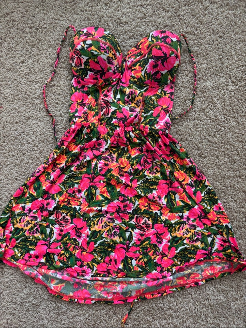 Maaji Pink Floral Strapless Dress with Green Leaves